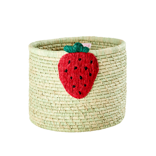 Raffia Round Basket with Strawberry Embroidery - Natural - Rice By Rice