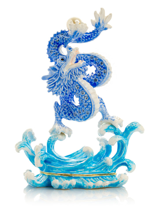 Blue Chinese Dragon on Ocean sea waves water - animal trinket box Decor with Unique Design