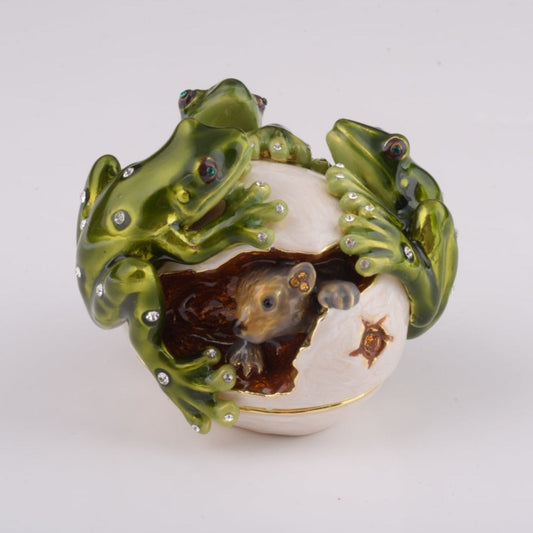 Frogs on white Egg including hidden mouse - trinket box Decor with Unique Design