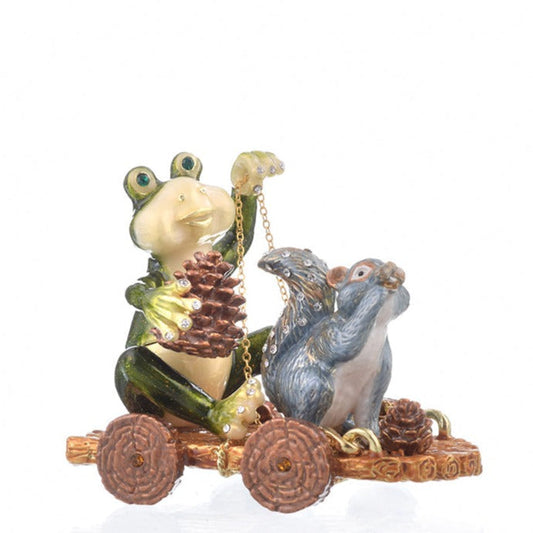 Frog and Squirrel on Wooden Car - trinket box Decor with Unique Design