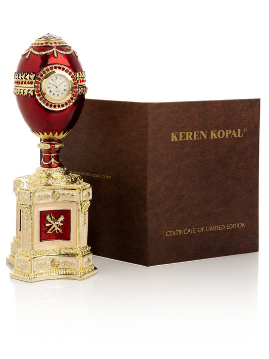 Red Faberge Egg with a Pearl and a Clock - Faberge Egg Decor with Unique Design