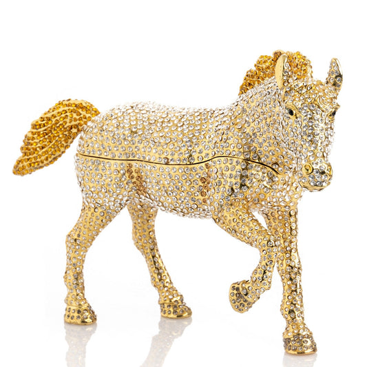 Large Golden Horse Decorated with White Crystals - trinket box Decor with Unique Design