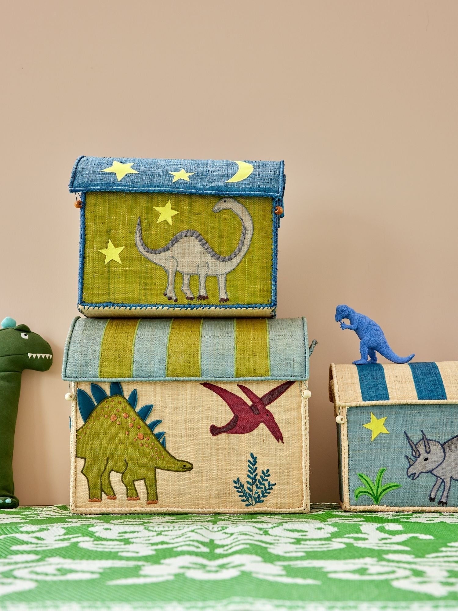 Raffia Toy Storage Baskets with Dinosaur Theme - Set of 3 - Rice By Rice