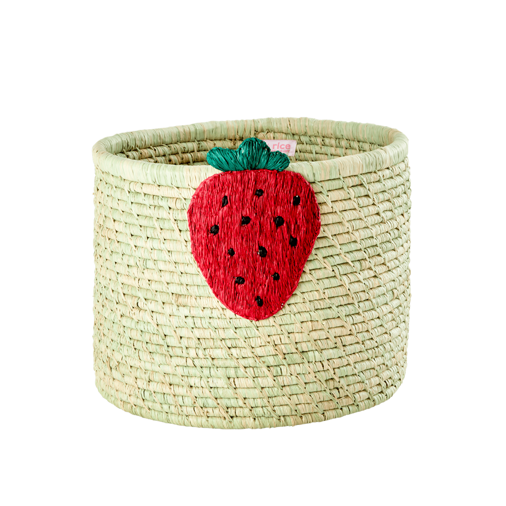 Raffia Round Basket with Strawberry Embroidery - Natural - Rice By Rice