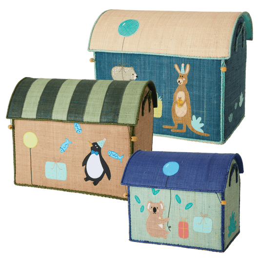Raffia Storage Baskets with Birthday Animals - Set of 3 - Rice By Rice