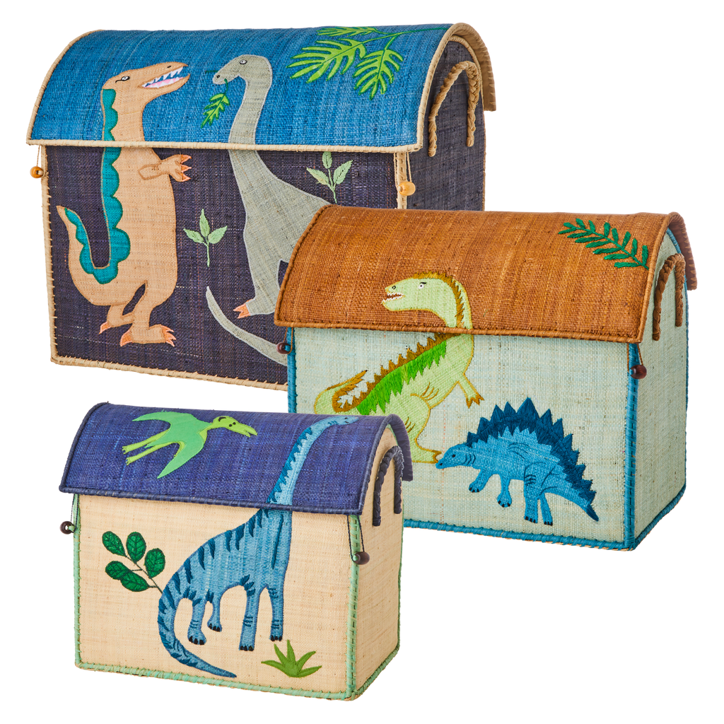 Raffia Storage Baskets with Dinosaur Theme - Set of 3 - Rice By Rice