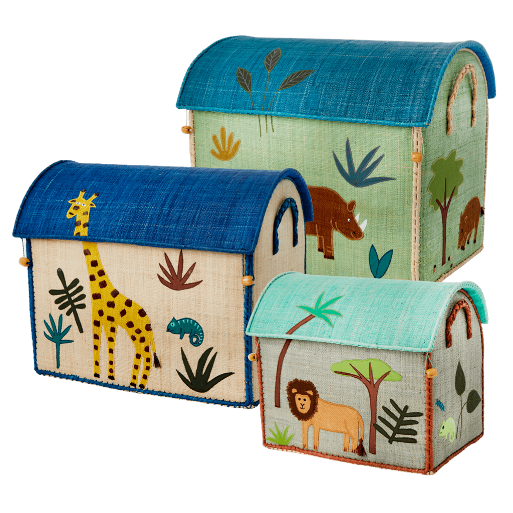 Raffia Storage Baskets with Jungle Blue Theme - Set of Three - Rice By Rice
