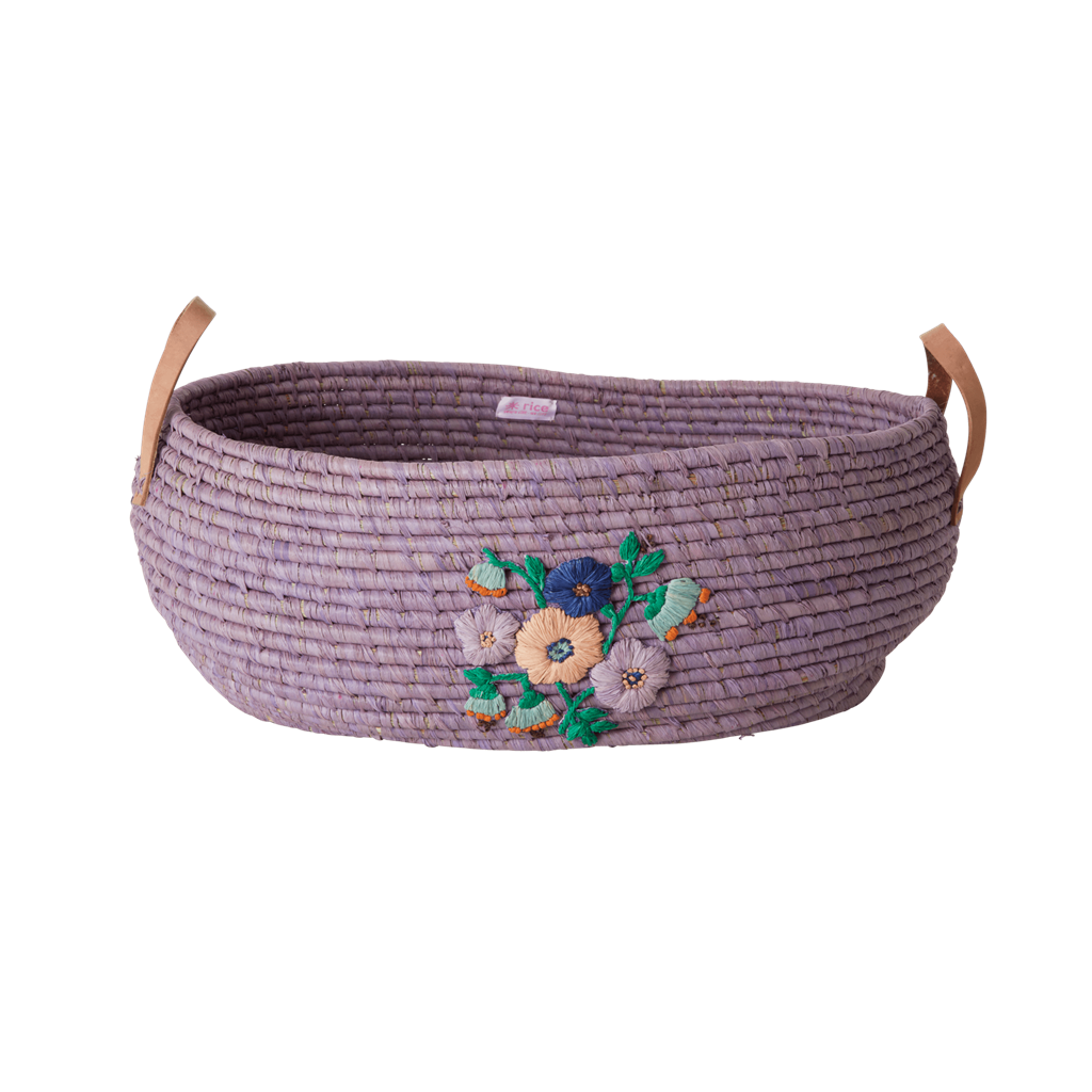Raffia Big Oval Basket in Lavender with Hand Embroidered Flowers and Leather Handles - SOLD INDIVIDUALLY - Rice By Rice