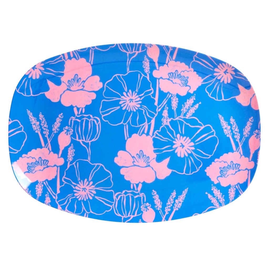 Medium Melamine Rectangular Plate - Blue - Poppies Love Print - Rice By Rice