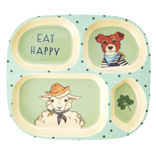 Rice DK | Kids Melamine 4 Room Green Plate with Animal Farm Print