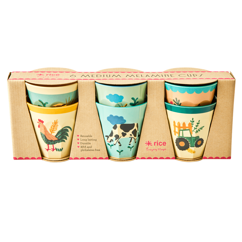 Melamine Kids Cups in Blue Farm Prints - Medium - 6 pcs. in Gift Box - Rice By Rice