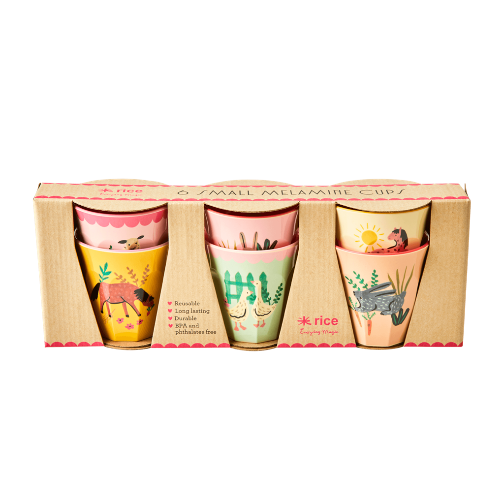 Rice DK | Set of 6 Small Melamine Cups in Animal Farm Pink Print