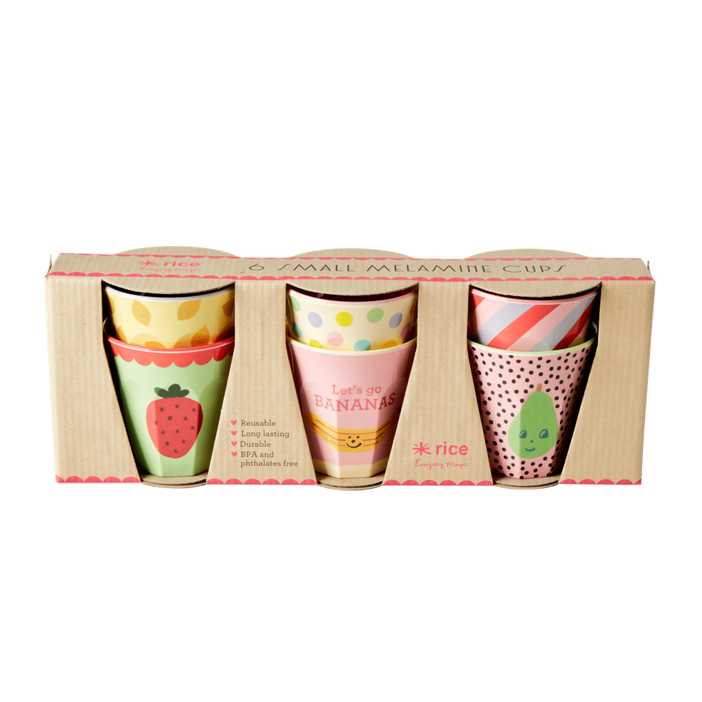 Melamine Kids Cups with Happy Fruits Print - Small - 6 pcs. in Gift Box - Rice By Rice