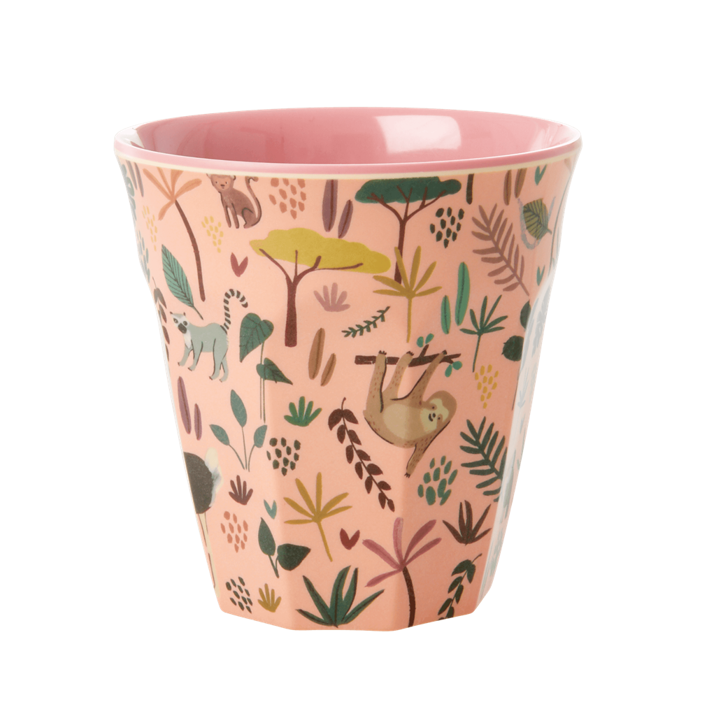 Set of 2 Medium Melamine Cups | Coral All Over Jungle Animals Print - Rice By Rice