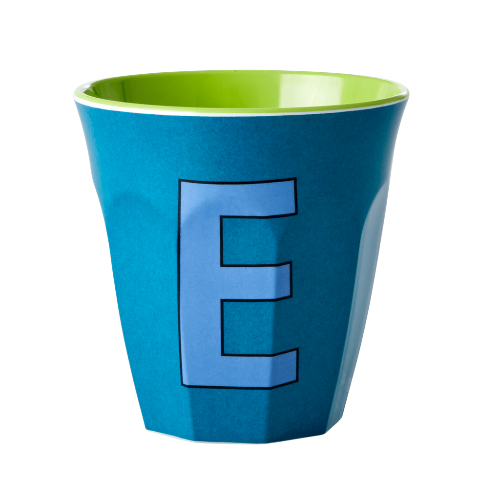 Melamine Cup - Medium with Alphabet in Bluish Colors | Letter E - Rice By Rice