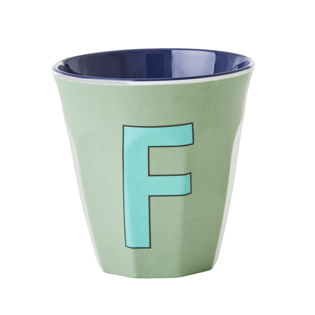 Melamine Cup - Medium with Alphabet in Bluish Colors | Letter F - Rice By Rice