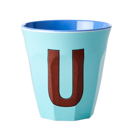 Melamine Cup - Medium with Alphabet in Bluish Colors | Letter U - Rice By Rice