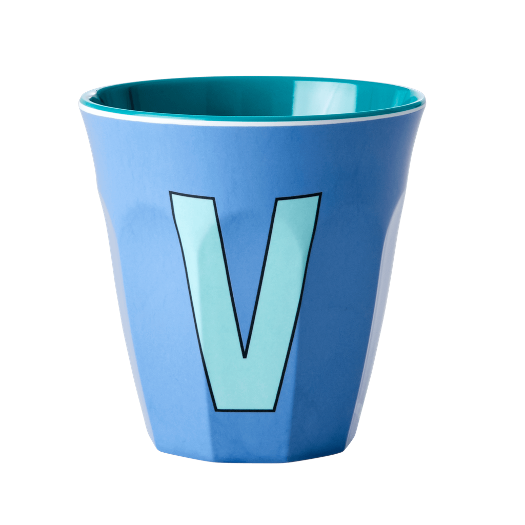 Melamine Cup - Medium with Alphabet in Bluish Colors | Letter V - Rice By Rice