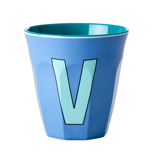 Melamine Cup - Medium with Alphabet in Bluish Colors | Letter V - Rice By Rice