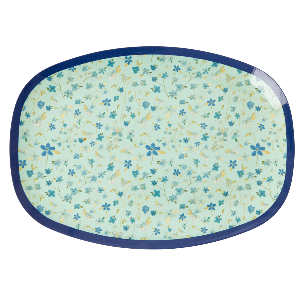 Rice DK Two-Tone Melamine Rectangular Plate Blue Floral Print