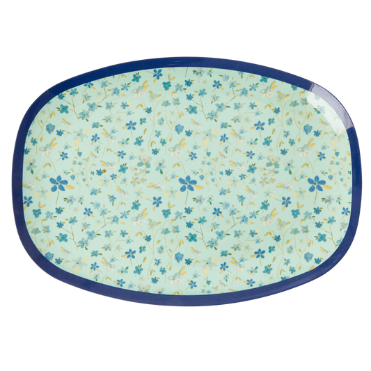 Rice DK Two-Tone Melamine Rectangular Plate Blue Floral Print