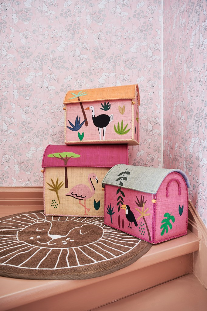 Raffia Storage Baskets with Jungle Pink Theme - Set of Three - Rice By Rice