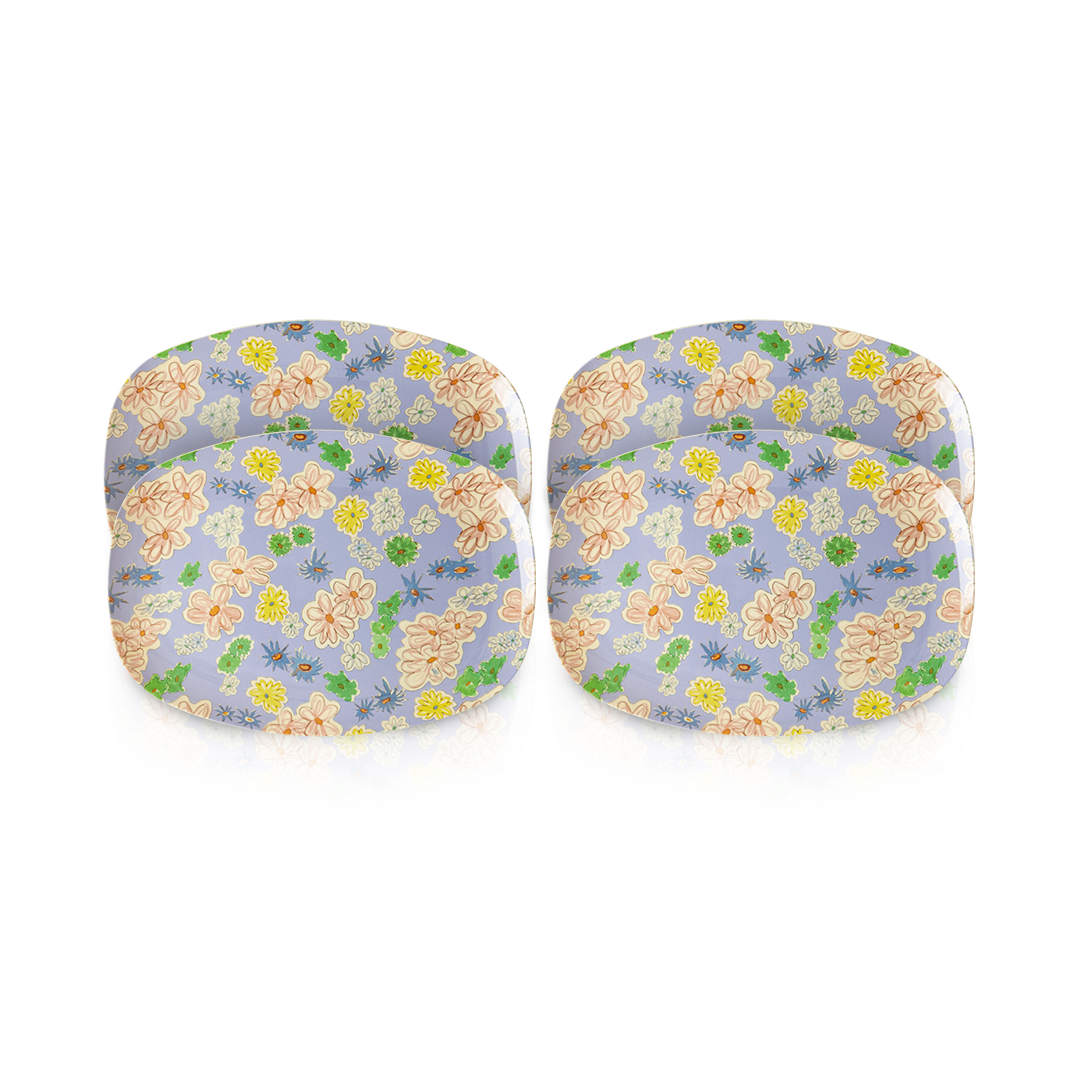 4 Melamine Rectangular Plate Set | Flower Painting - Rice By Rice