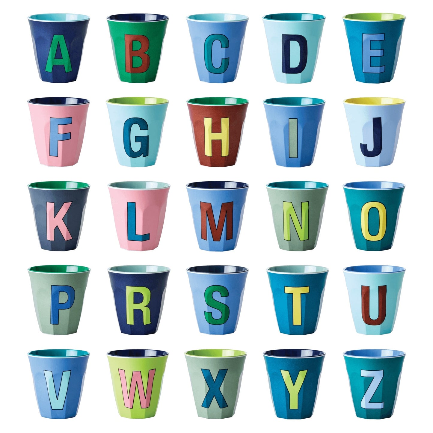 Melamine Cup - Medium with Alphabet in Bluish Colors | Letter E - Rice By Rice